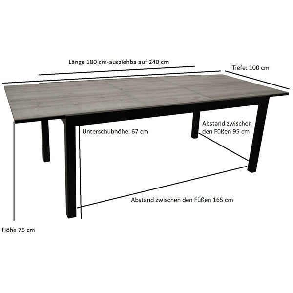 Ausziehtisch FARO 180/240x100cm, Aluminium anthrazit + Glas in Keramikoptik hellgrau