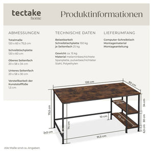 Computer-Schreibtisch Canton 120x60x75,5cm Industrial dunkelbraun