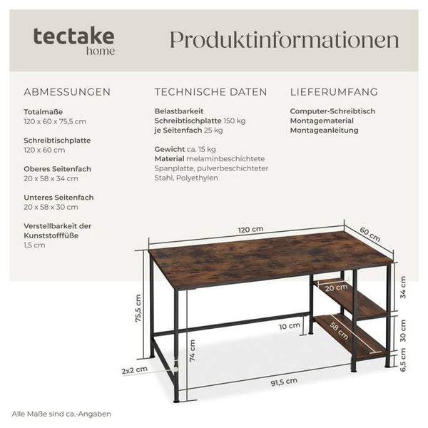 Computer-Schreibtisch Canton 120x60x75,5cm Industrial dunkelbraun