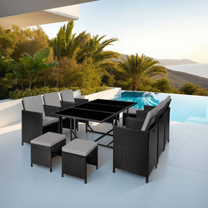 Rattan Sitzgruppe Malaga 6+4+1 mit Schutzhülle - schwarz/grau