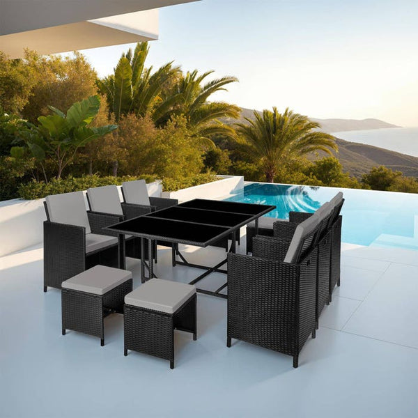 Rattan Sitzgruppe Malaga 6+4+1 mit Schutzhülle - schwarz/grau