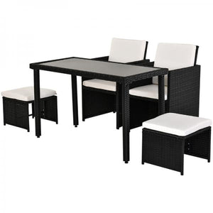 5-teilige Polyrattan Sitzgruppe Essgruppe Gartenset Garnitur mit Kissen Schwarz