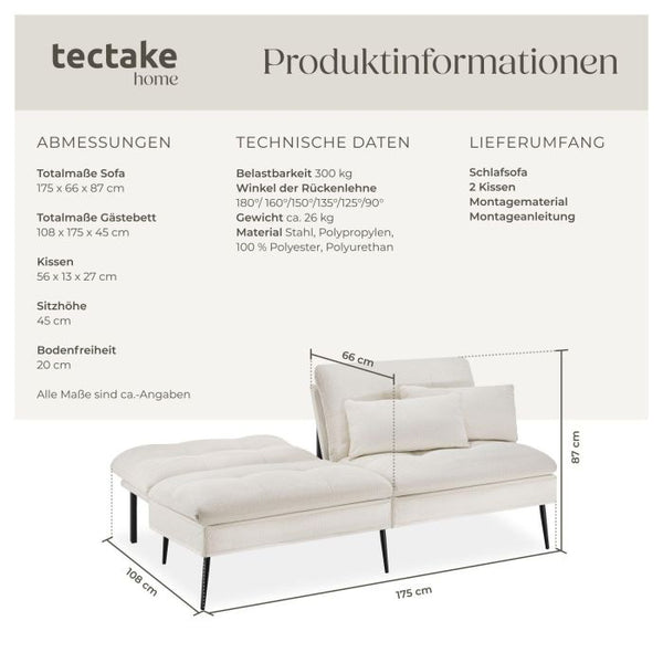 Schlafsofa Tokio 3in1 mit neigbarer Rückenlehne creme-weiss