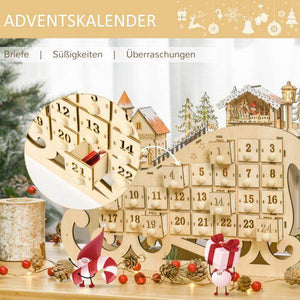 Adventskalender zum Befüllen 24 Schubladen Fächer Weihnachtskalender mit LED-Lichtern Schlitten-Form