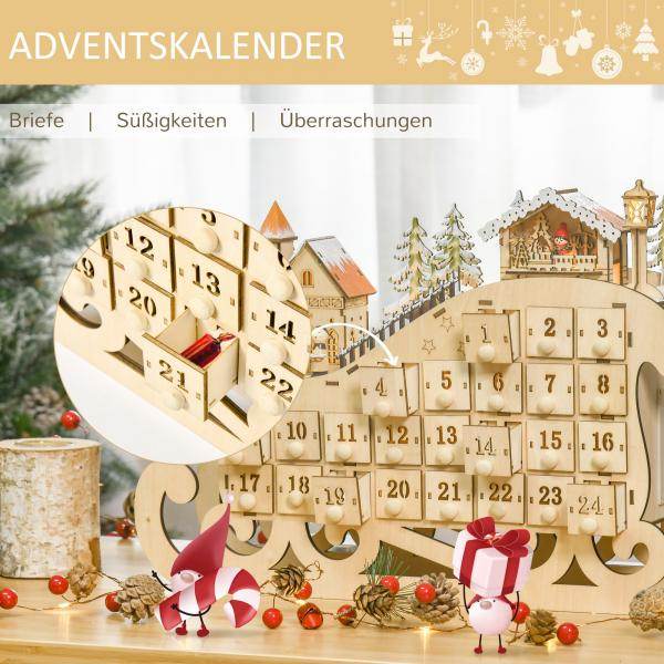 Adventskalender zum Befüllen 24 Schubladen Fächer Weihnachtskalender mit LED-Lichtern Schlitten-Form