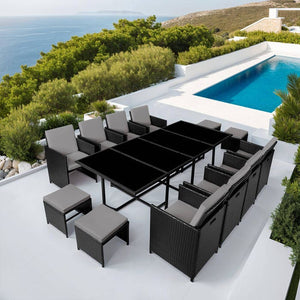 Rattan Sitzgruppe Palma 8+4+1 mit Schutzhülle schwarz/grau