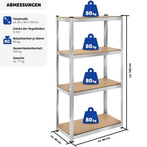 Schwerlastregal verzinkt mit 4 Böden silber 160 x 80 x 40 cm, 320 kg
