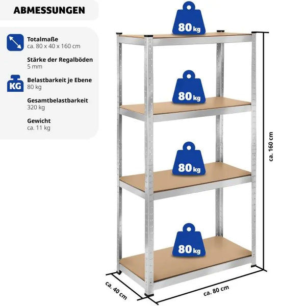 Schwerlastregal verzinkt mit 4 Böden silber 160 x 80 x 40 cm, 320 kg