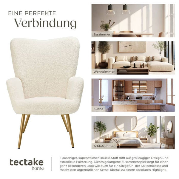 Sessel Hygge gepolstert, ergonomisch, Belastbarkeit 150 kg Bouclé creme/gold ohne Hocker