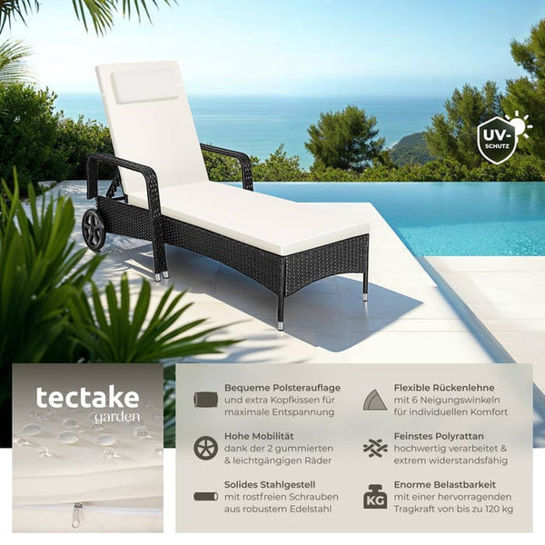 Sonnenliege Rattan mit Rollen schwarz/beige