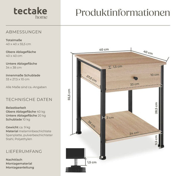 Nachttisch Bradford 40x40x55,5cm Industrial Holz hell, Eiche Sonoma