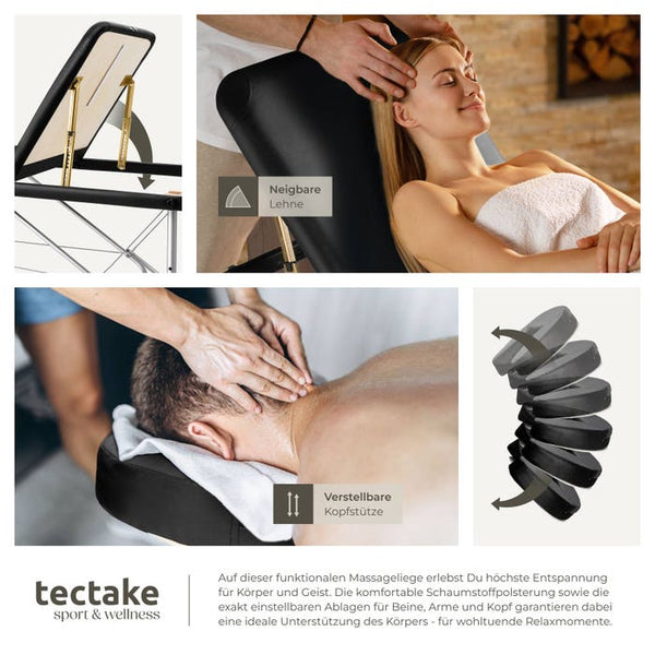 3 Zonen Massageliege mit 5cm Polsterung und Aluminiumgestell schwarz