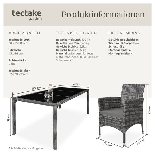 Rattan Sitzgruppe 8+1 mit Schutzhülle grau-meliert/grau