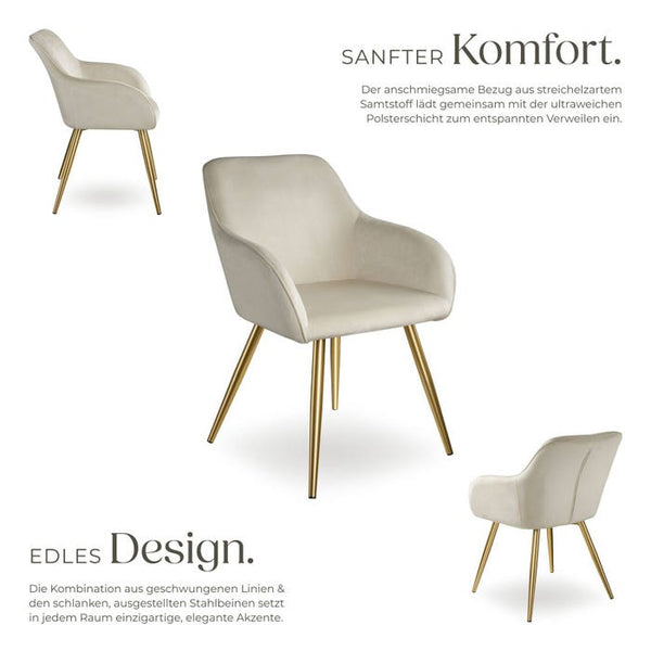 4er Set Stuhl Marilyn Samtoptik, goldene Stuhlbeine créme/gold