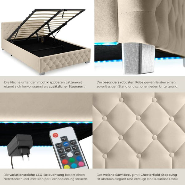 Bettset Polsterbett mit LED und Matratze Samtoptik sand 140 x 200 cm