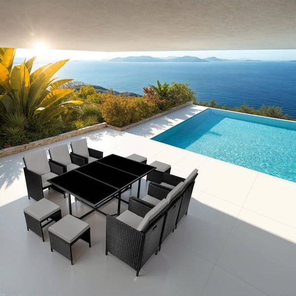Rattan Sitzgruppe Malaga 6+4+1 mit Schutzhülle - schwarz/grau
