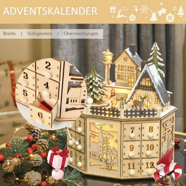 Adventskalender mit LED-Lichtern 25 cm x 20 cm x 29 cm