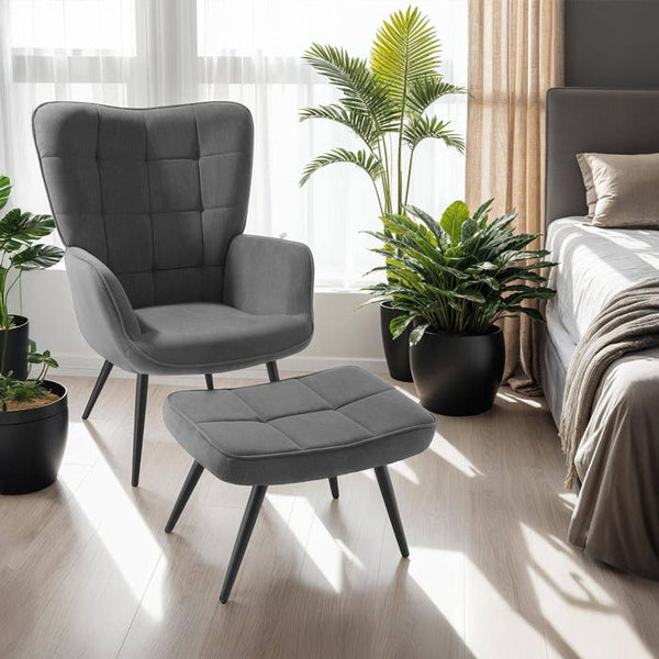 Sessel Hygge gepolstert, ergonomisch, Belastbarkeit 150 kg Feincord anthrazit/schwarz mit Hocker