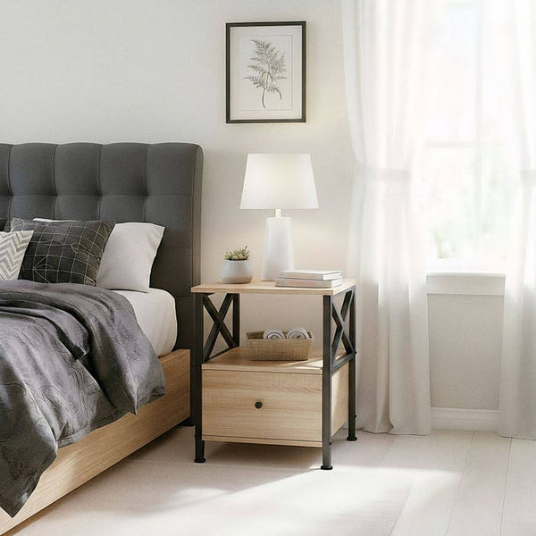Nachttisch Falkirk Industrial Holz hell, Eiche Sonoma