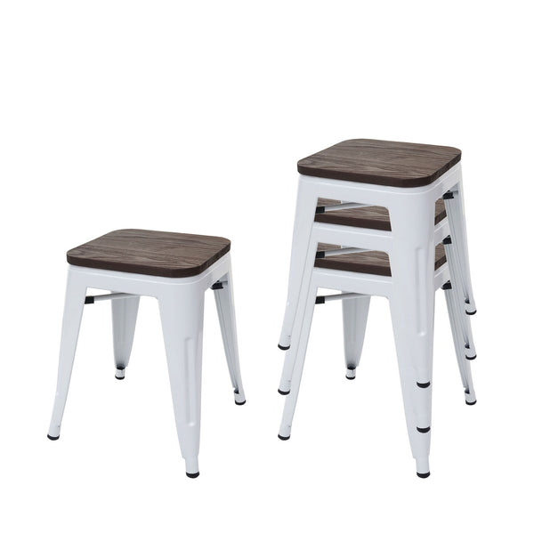 4er-Set Hocker Metall Industriedesign stapelbar Holz-Sitzfläche weiss