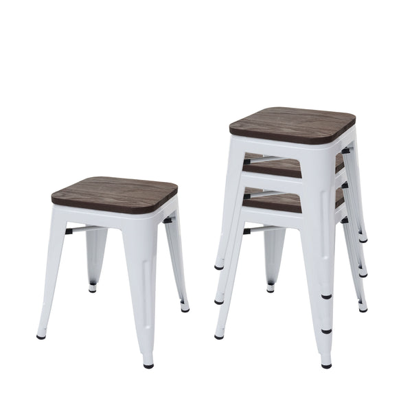 4er-Set Hocker Metall Industriedesign stapelbar Holz-Sitzfläche weiss
