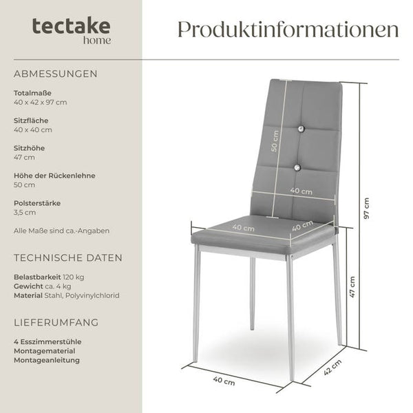 4 Esszimmerstühle, Kunstleder mit Glitzersteinen - grau