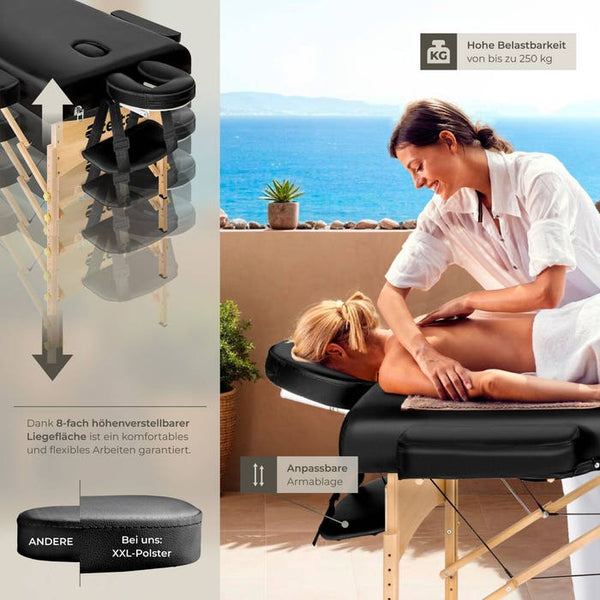 3 Zonen Massageliege-Set Somwang mit 7,5cm Polsterung, Rollen und Holzgestell schwarz