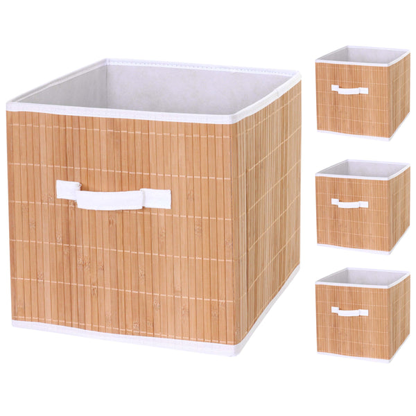 4x Faltbox, Aufbewahrungskorb, Sortierbox, Bambus ~ naturfarben