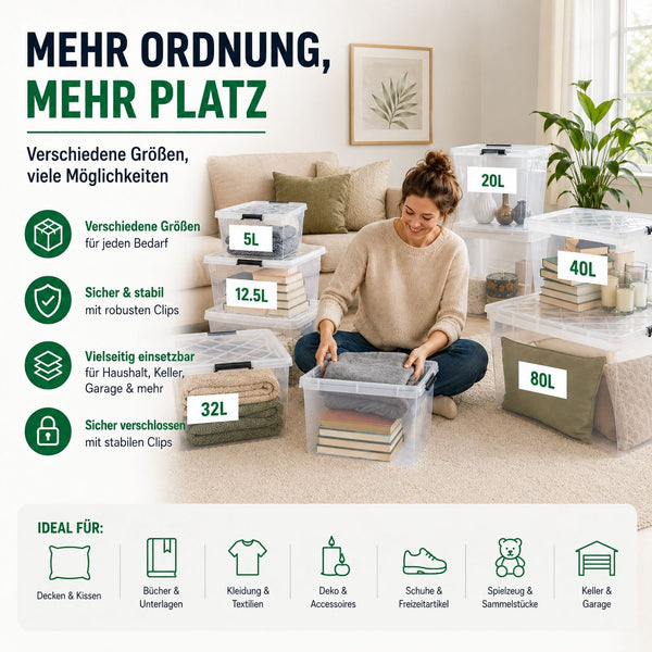 4x Aufbewahrungsbox 60 L mit Deckel + Räder