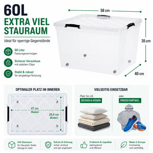 4x Aufbewahrungsbox 60 L mit Deckel + Räder