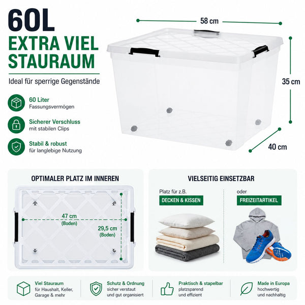 4x Aufbewahrungsbox 60 L mit Deckel + Räder