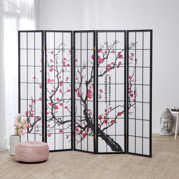 5-panel wooden room divider, black