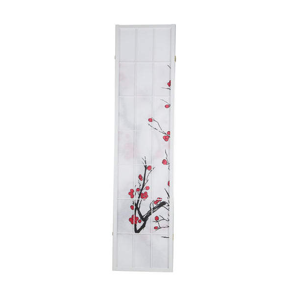 5-panel wooden room divider with cherry blossom design, white