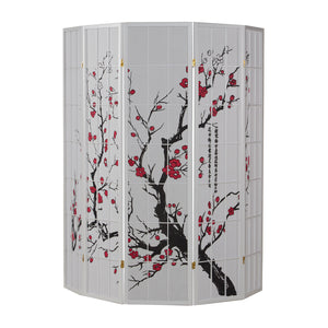 5-panel wooden room divider with cherry blossom design, white