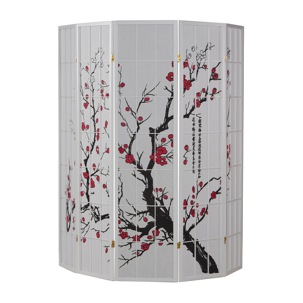 5-panel wooden room divider with cherry blossom design, white