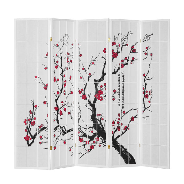 5-panel wooden room divider with cherry blossom design, white