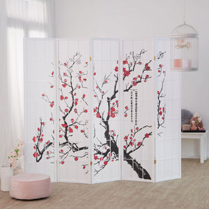 5-panel wooden room divider with cherry blossom design, white