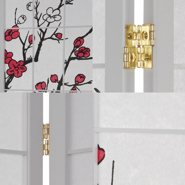 5-panel wooden room divider with cherry blossom design, white