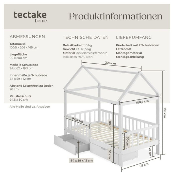 Kinderbett Hailey mit Schubladen Kiefernholz weiss 90 x 200 cm
