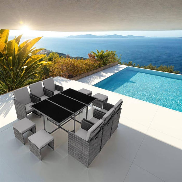 Rattan Sitzgruppe Malaga 6+4+1, hellgrau