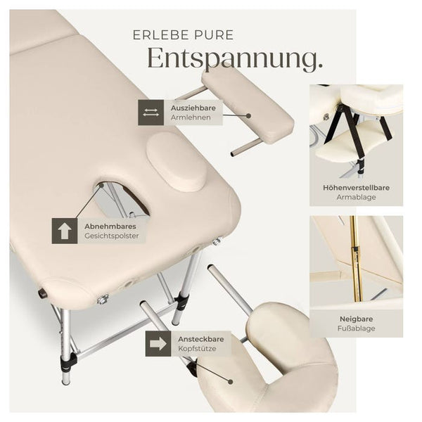 3 Zonen Massageliege mit 5cm Polsterung und Aluminiumgestell beige