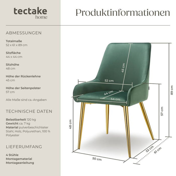 Polsterstuhl Avane, Samtoptik, Belastbarkeit 120 kg grün 4er Set