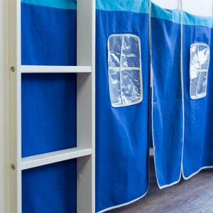 Kinderbett Hochbett Massiv Kiefer weiss Vorhang blau Spielbett 90 x 200 cm