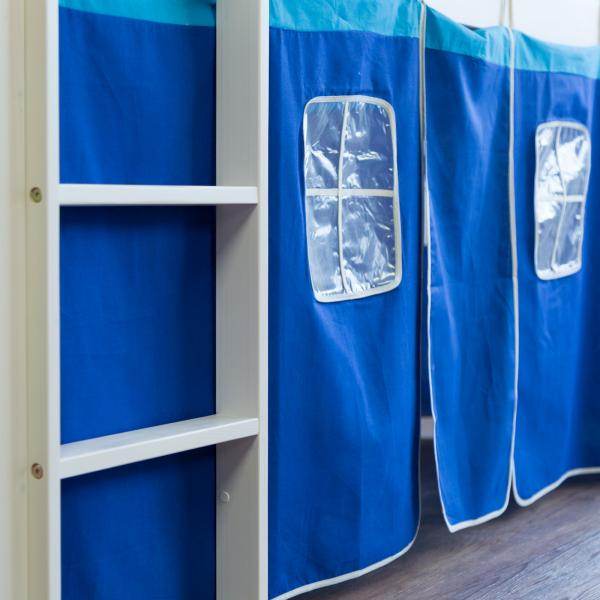 Kinderbett Hochbett Massiv Kiefer weiss Vorhang blau Spielbett 90 x 200 cm