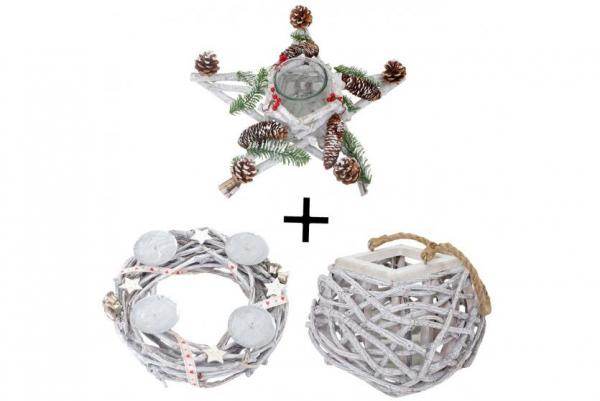 3er Set Adventskranz + Windlicht + Gesteck, Weihnachtsdeko Tischkranz Stern mit Glaseinsatz