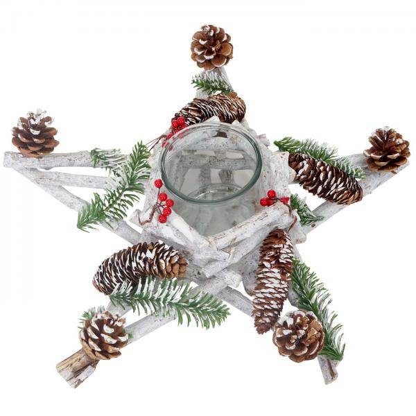 3er Set Adventskranz + Windlicht + Gesteck, Weihnachtsdeko Tischkranz Stern mit Glaseinsatz