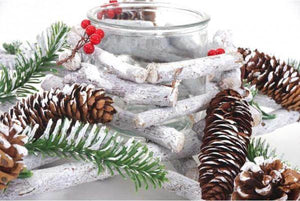 Adventskranz Stern, Weihnachtsdeko Tischdeko, Holz mit Kerzenglas 40x40x12cm weiss-grau