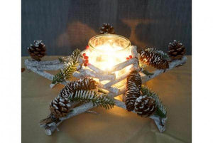 Adventskranz Stern, Weihnachtsdeko Tischdeko, Holz mit Kerzenglas 40x40x12cm weiss-grau