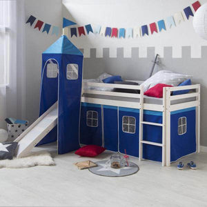 Hochbett Spielbett Kinderbett Rutsche Turm Vorhang blau 90x200 Jugendbett
