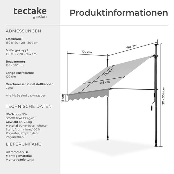 Klemmmarkise hellgrau 150 x 180 cm